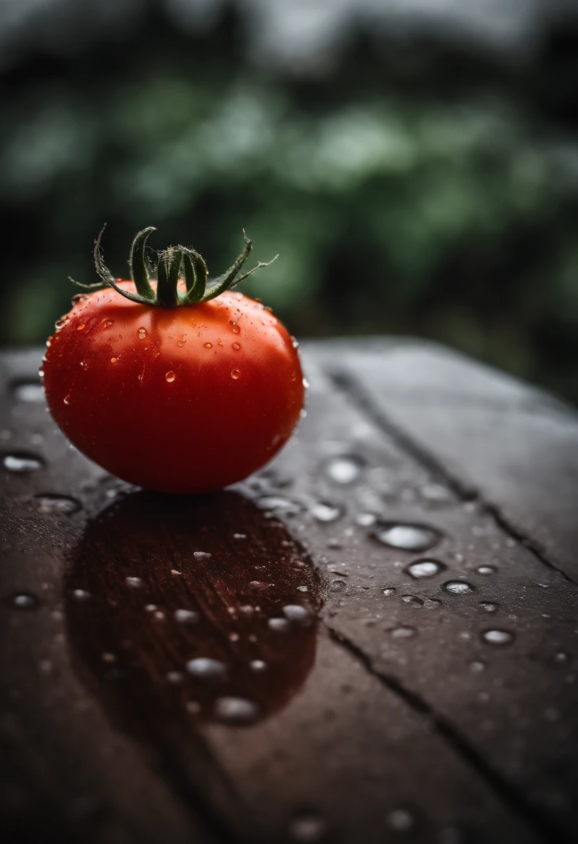 a close-up shot of a ripe tomato, showcasing its vibrant red color, glossy skin, and the tiny droplets of water on its surface