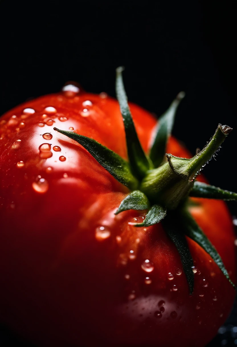 a close-up shot of a ripe tomato, showcasing its vibrant red color, glossy skin, and the tiny droplets of water on its surface