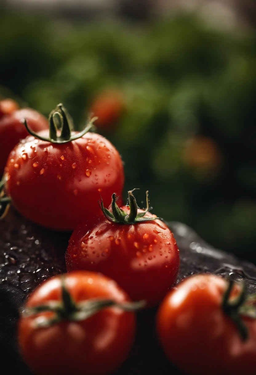 a close-up shot of a ripe tomato, showcasing its vibrant red color, glossy skin, and the tiny droplets of water on its surface