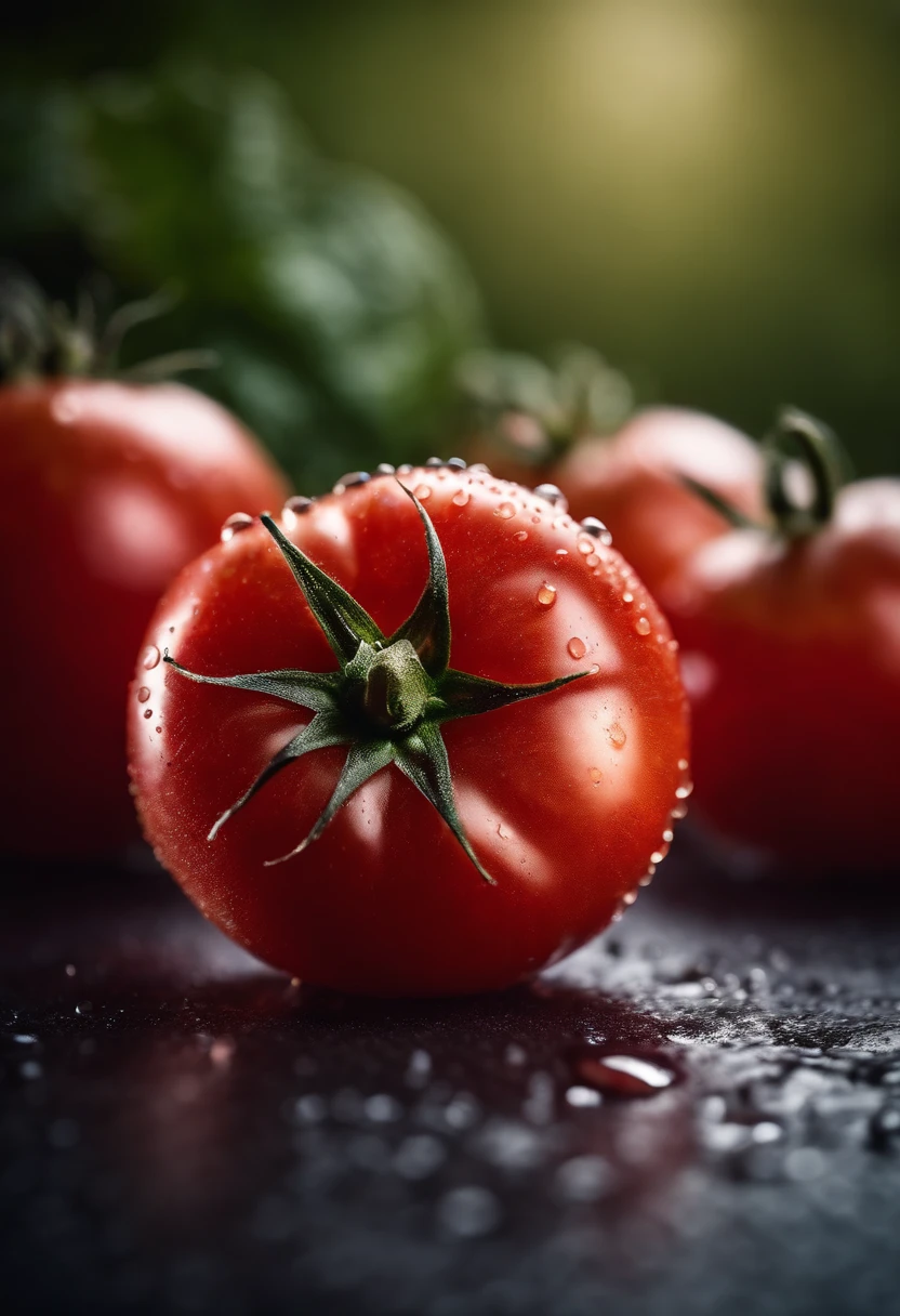 a close-up shot of a ripe tomato, showcasing its vibrant red color, glossy skin, and the tiny droplets of water on its surface