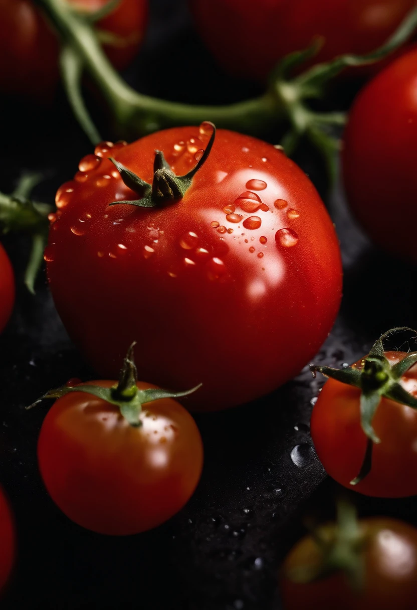 a close-up shot of a ripe tomato, showcasing its vibrant red color, glossy skin, and the tiny droplets of water on its surface