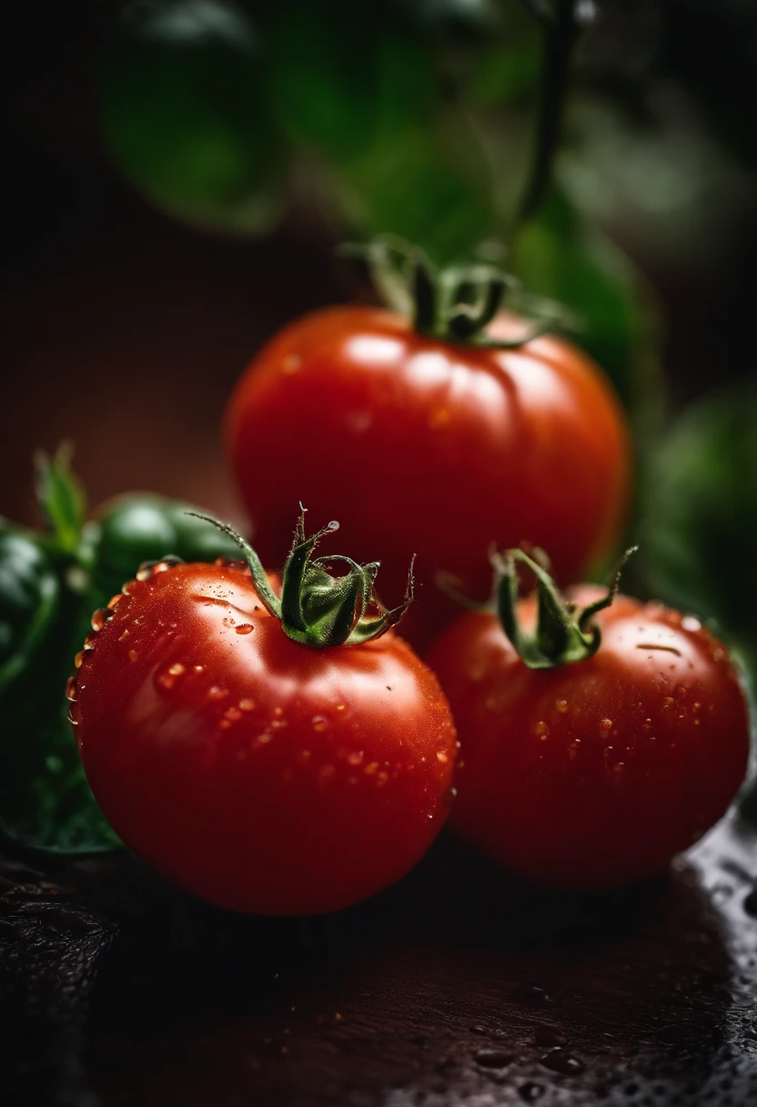 a close-up shot of a ripe tomato, showcasing its vibrant red color, glossy skin, and the tiny droplets of water on its surface