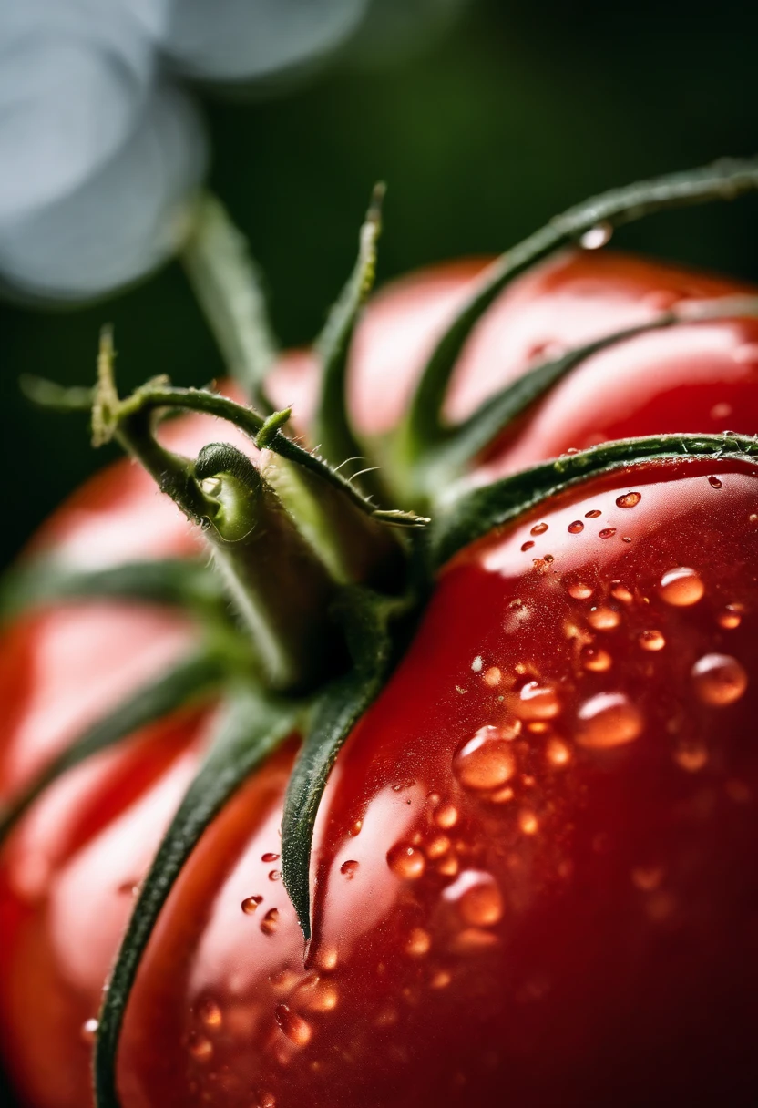a close-up shot of a ripe tomato, showcasing its vibrant red color, glossy skin, and the tiny droplets of water on its surface