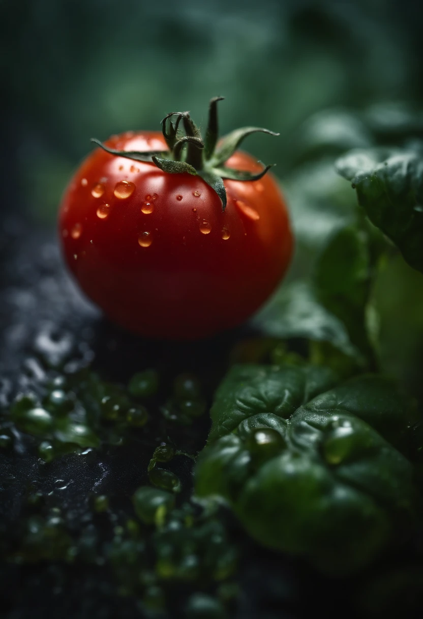a close-up shot of a ripe tomato, showcasing its vibrant red color, glossy skin, and the tiny droplets of water on its surface