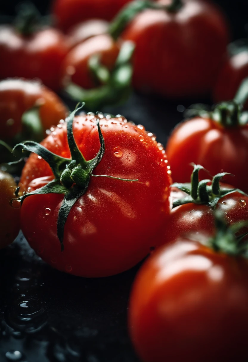 a close-up shot of a ripe tomato, showcasing its vibrant red color, glossy skin, and the tiny droplets of water on its surface