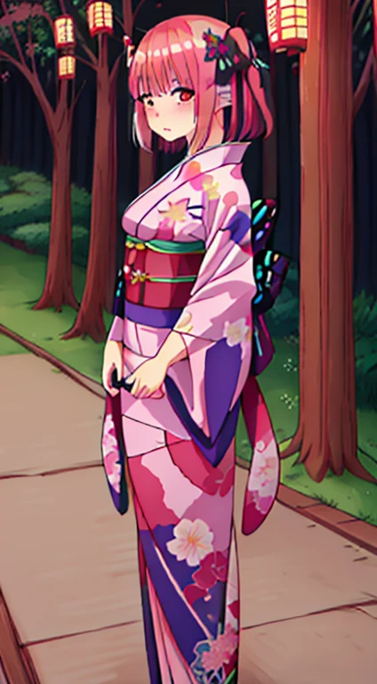 onoffunder, side-by-side photo, {Best Quality}, {very aesthetic}, {Ultra-detailed}, {Best Illustration}, One girl, japanese kimono, butterfly pattern kimono, Pink hair