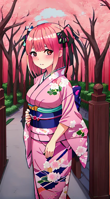 best quality, insanely detailed, nino nakano, kimono, breasts, blush, outdoor background, bare-shoulder garment, spread legs, nipple, put her's finger in her pussy, looking at viewer, smile