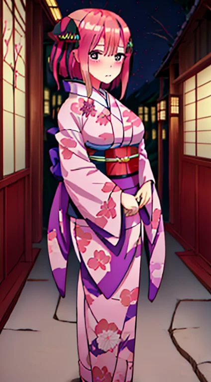 onoffunder, side-by-side photo, {Best Quality}, {very aesthetic}, {Ultra-detailed}, {Best Illustration}, One girl, japanese kimono, butterfly pattern kimono, Pink hair