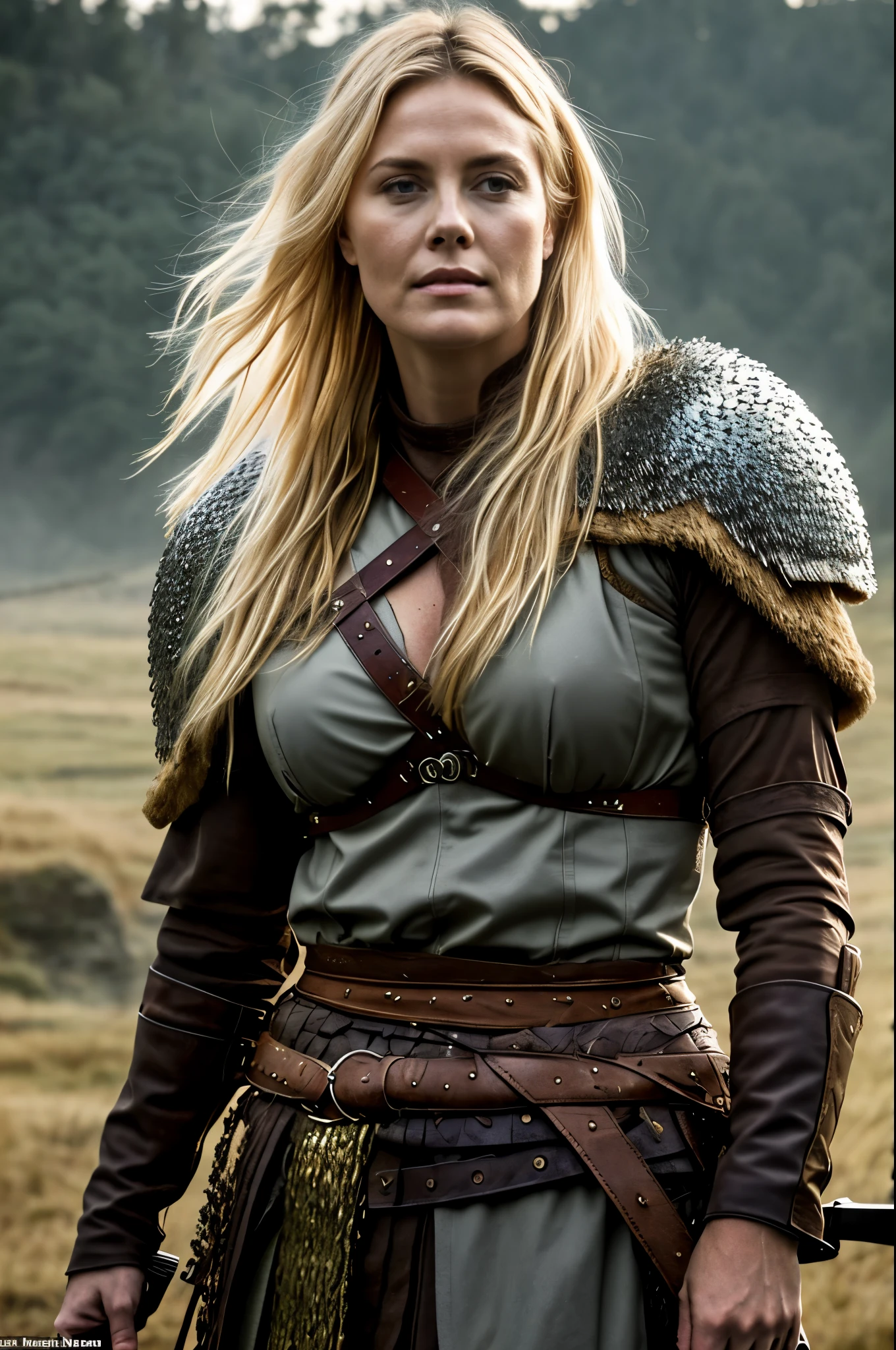 Masterpiece, a beautiful Viking woman, ((Charlize Theron:0.5)), ( Viking armor), (bigbreasts), (perfect body), (blonde matted hair), (short hairstyle), welding a sword, outside, dirty, spattered with blood,(skin texture:1.1), best quality, ultra high res, Raw photo, Nikon D850, backlight, rimlight, bright sunlight, film grain:1.2, (warm hue, warm tone:1.2), (color photo), fantasy battlefield background