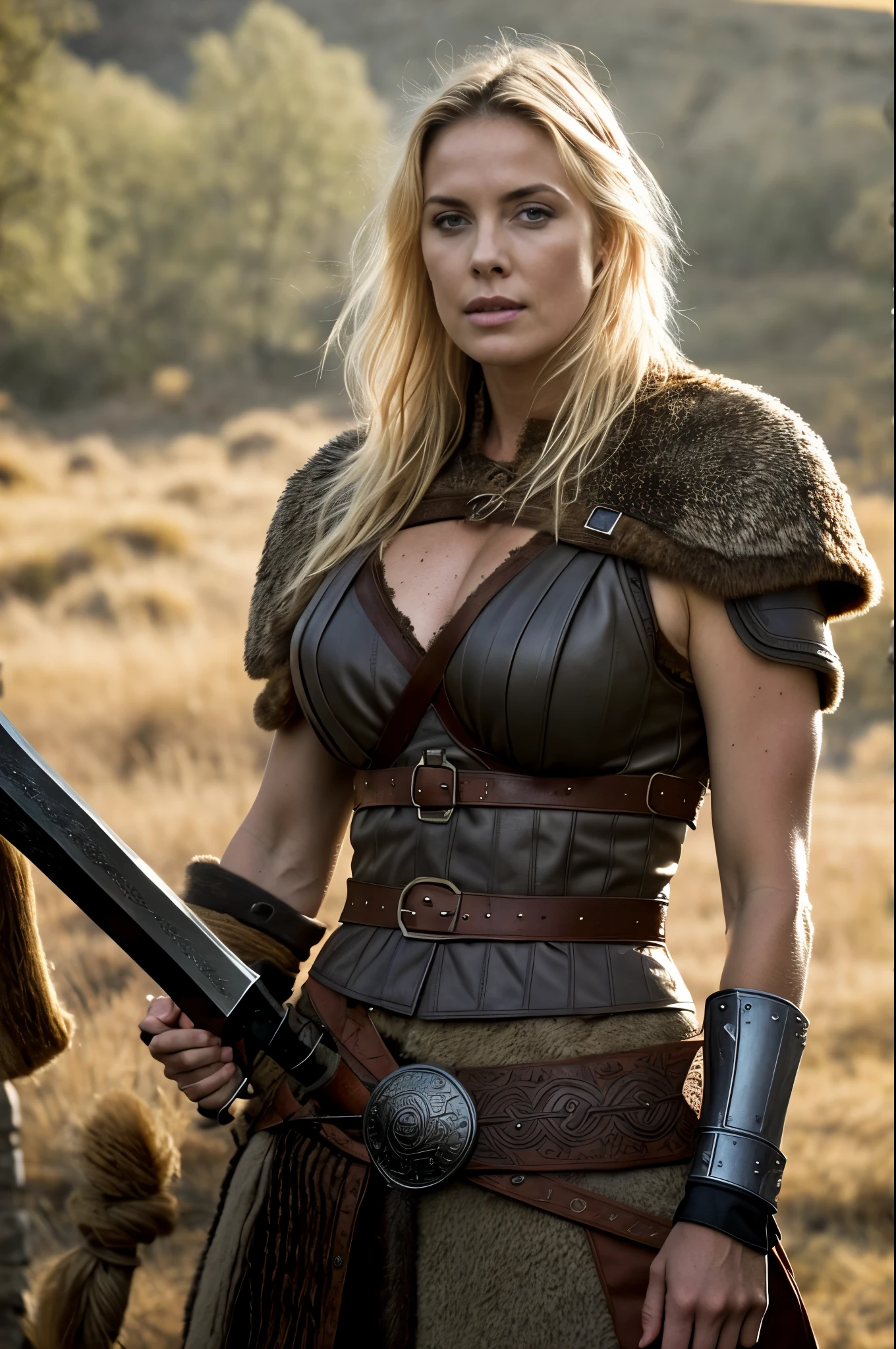 Masterpiece, a beautiful Viking woman, ((Charlize Theron:0.5)), ( Viking armor), (bigbreasts), (perfect body), (blonde matted hair), (short hairstyle), welding a sword, outside, dirty, spattered with blood,(skin texture:1.1), best quality, ultra high res, Raw photo, Nikon D850, backlight, rimlight, bright sunlight, film grain:1.2, (warm hue, warm tone:1.2), (color photo), fantasy battlefield background