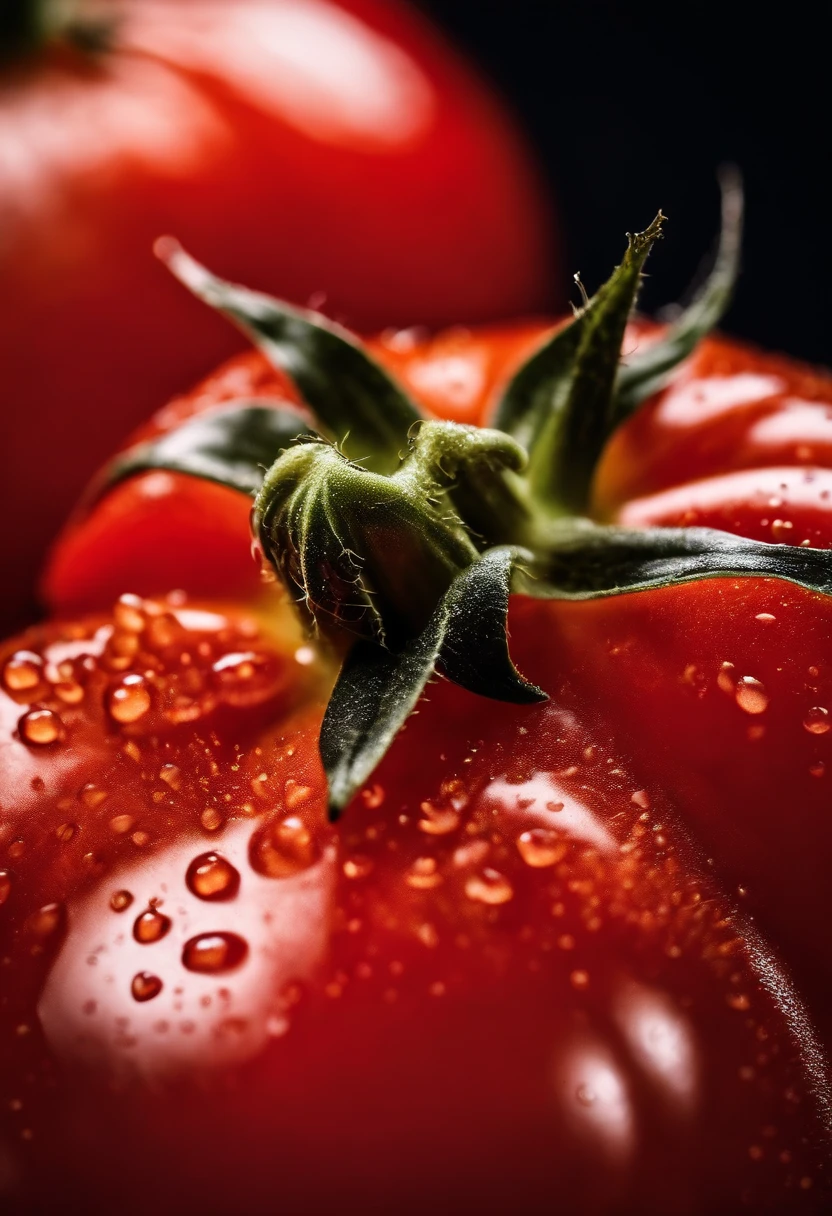 a close-up shot of a ripe tomato, showcasing its vibrant red color, glossy skin, and the tiny droplets of water on its surface