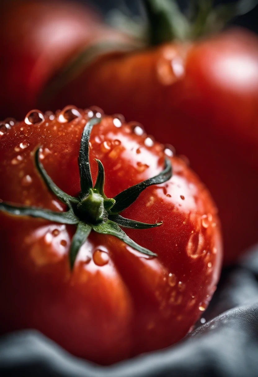 a close-up shot of a ripe tomato, showcasing its vibrant red color, glossy skin, and the tiny droplets of water on its surface