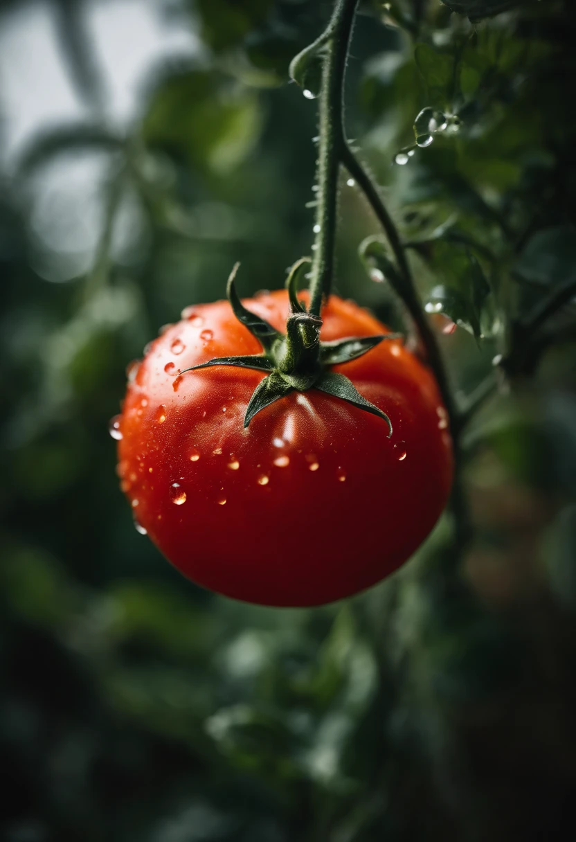a close-up shot of a ripe tomato, showcasing its vibrant red color, glossy skin, and the tiny droplets of water on its surface