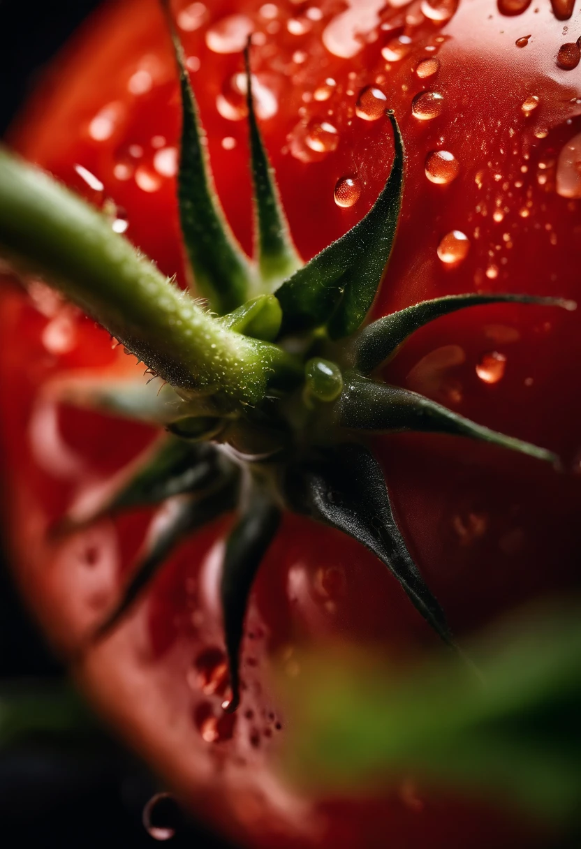 a close-up shot of a ripe tomato, showcasing its vibrant red color, glossy skin, and the tiny droplets of water on its surface