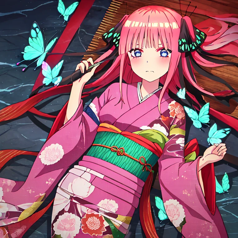 {Best Quality}, {very aesthetic}, {Ultra-detailed}, {Best Illustration}, one girl, japanese kimono, Kimono with butterfly pattern, Pink hair