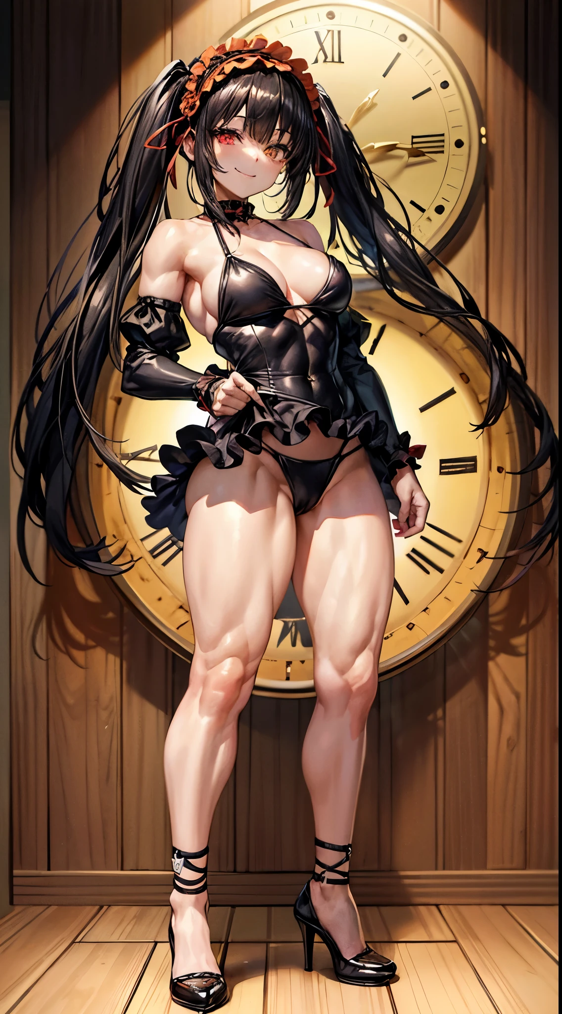 1 girl, bare shoulders, black hair, medium breasts, (muscular legs), muscular belly, wide hips, thin waist, (((clock eyes))), (wearing a very short and sexy bikini), finger to mouth, (((in the motel room))), full body, hairband, (standing looking at me sensually), standing, heterochromia, index finger raised, black high heel shoes, lolita hairband, long hair, red eyes , smiling, alone, symbol-shaped pupils, (Kurumi tokisaki), (twintails), yellow eyes