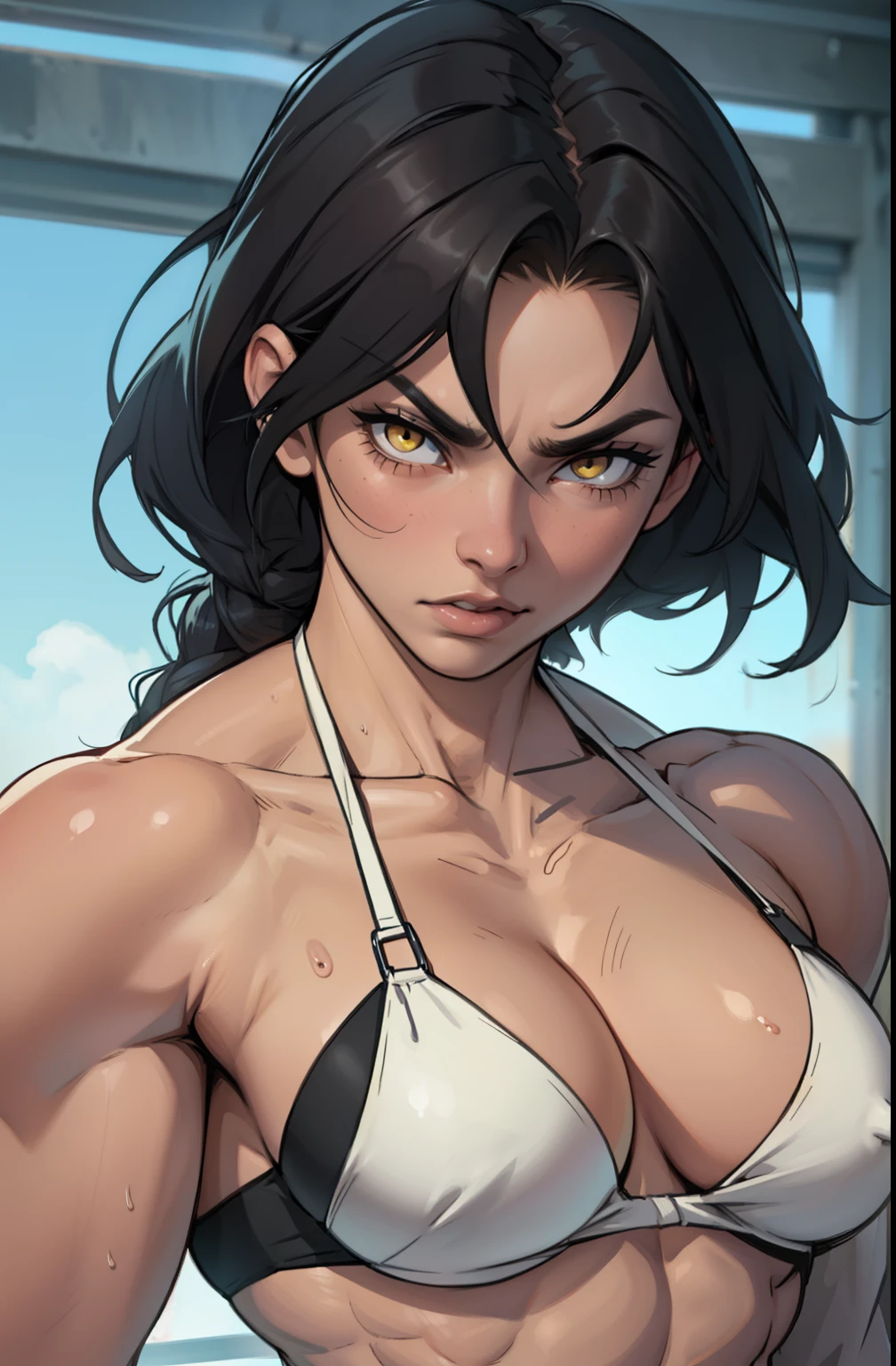 (((((muscular girl breasts))))) angry pale skin black hair yellow eyes best quality