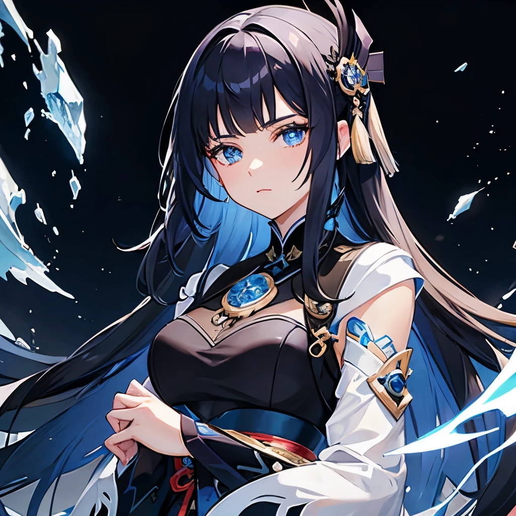 young lady with pitch black hair and sapphire blue eyes, wispy bangs, stoic, fantasy, Genshin Impact style.