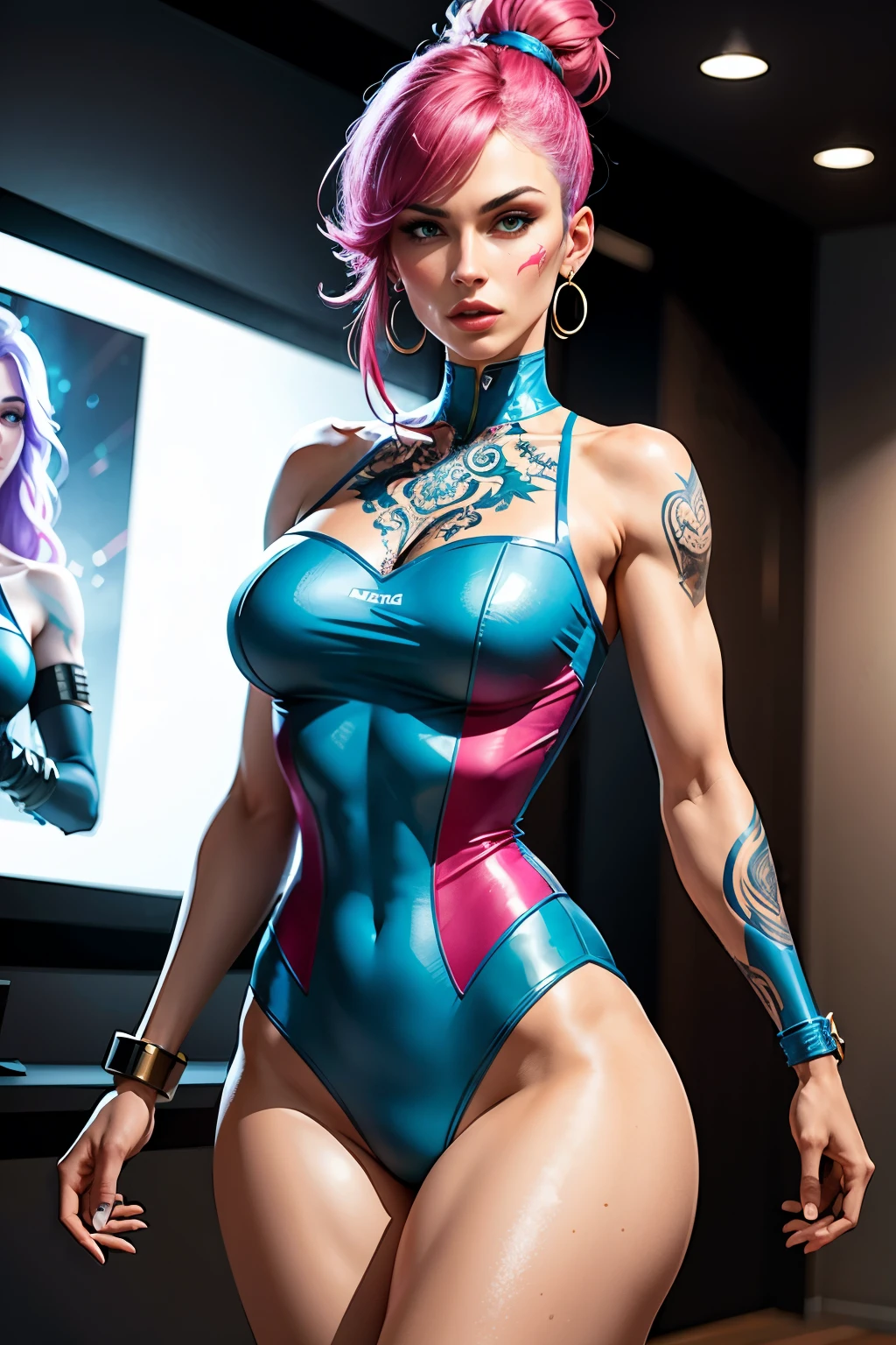 (best quality:1.6), (masterpiece:1.2), (intricate detailed:1.1), highres, a woman wearing a blue outfit and pink top, a model with styled hair, an athletic woman, a woman with tattoos, a lady in a warrior-themed costume, a fanart of a beloved character, a depiction of a determined woman, a portrayal of a confident individual, a character inspired by a fighting game, a detailed depiction of a strong woman, a full-body representation capturing someone's essence.