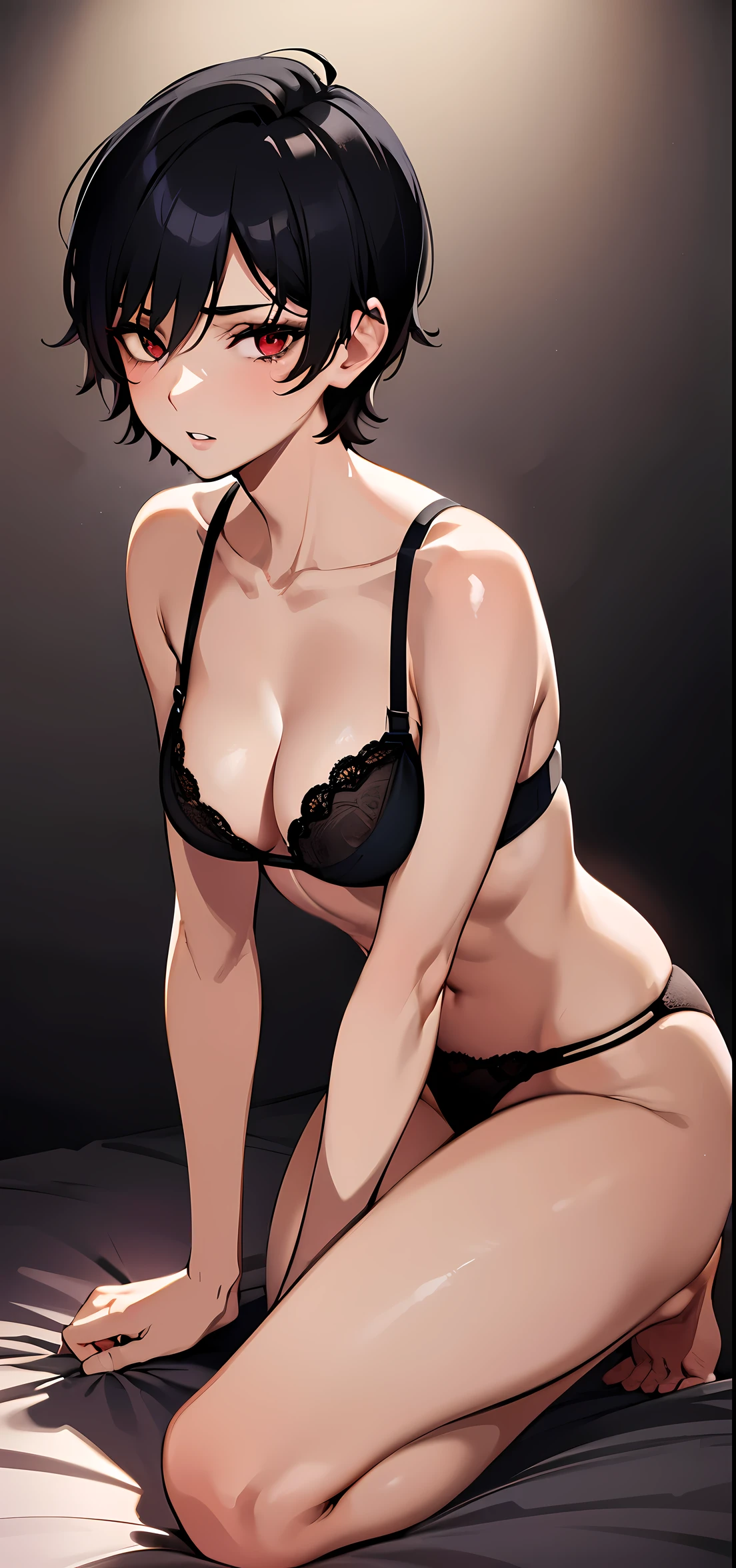 1girl, solo, 45 years old, (:1.3), black hair, (tomboy:1.2), (very short hair:1.3), side shave, asymmetrical hair, red eyes, small breaaring black thong and bra, parted lips, in a bedroom, dark room, detailed dark background, crawling_pov, lights off