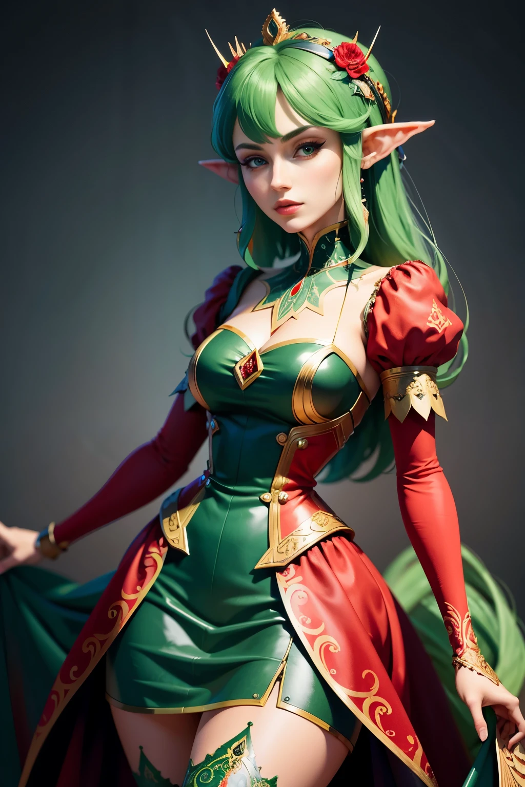 (best quality:1.6), (masterpiece:1.2), (intricate detailed:1.1), highres, a woman donning a red dress and green stockings, an elf-like representation inspired by a popular gaming character, an artist's commission aiming for high-resolution quality, a comprehensive artistic depiction, a character inspired by folklore, a doll-like figure with a specific attire, a cute and petite representation of an animal-inspired character, an artwork created in a distinct artistic style, a custom-made portrayal of an original character, a detailed and comprehensive depiction capturing the entirety of the subject, a vibrant and detailed artistic representation