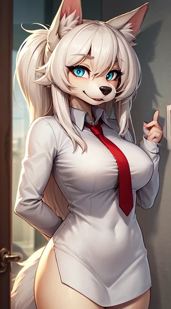 1girl, (expressive eyes, perfect face:1.1), (furry:1.2), (fluffy:1.1), (anthro:1.2), snout, very long hair, (gynomorph:1.4), fox ears, animal nose, tail, breasts, gray coat, white shirt, red dress, tie, cute, adorable