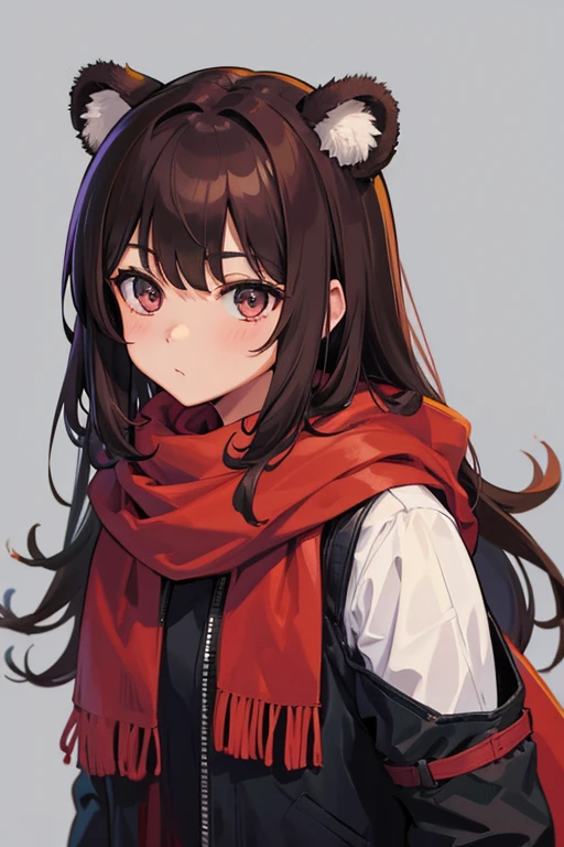 girl with bear ears, brown hair and bangs, and red scarf with tartan pattern with grey eyes
