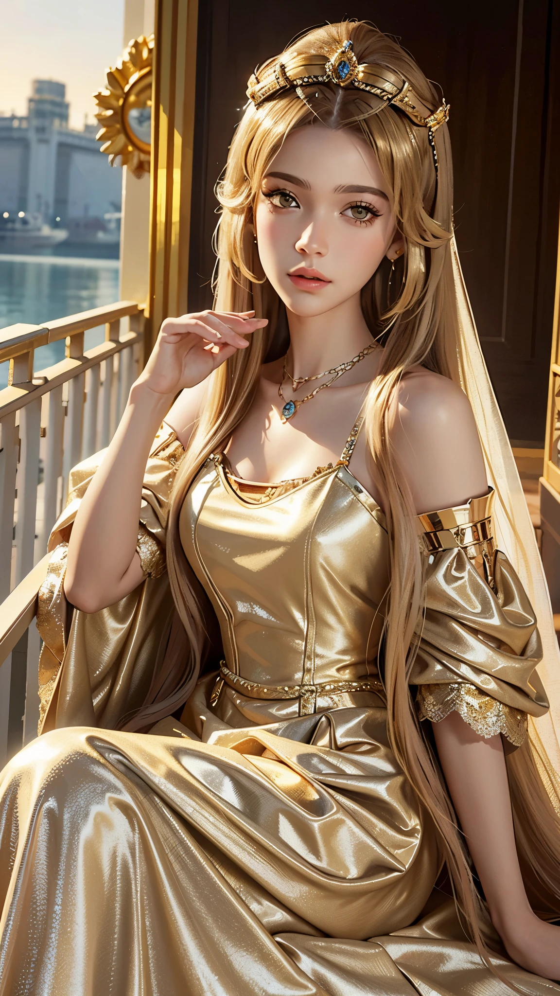8k, masterpiece, 1 girl, beautiful face, very long hair, hair ornament, light makeup, detailed eyes, small breast, ultra detailed clothes, (golden princess dress:1.5), lace:1.5, ((closed up)), necklace, jewellery, amazing balcony background, sitting,