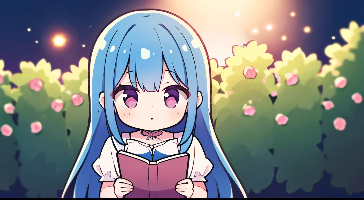 8k, RAW Photo, Fujifilm, style photo of a beautiful young woman in a light pink rose garden (highly detailed skin: 1.2), night, waist up, reading a book, Style-Petal BREAK long hair, blue hair with colored highlights, wearing a dress, grain film, 35mm, beautiful style