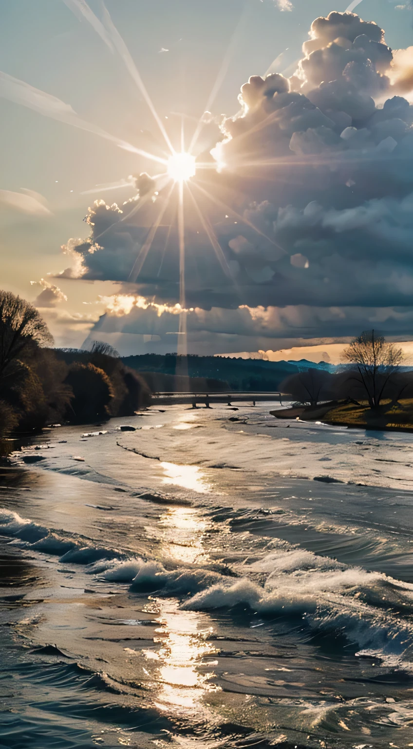 Crie uma paisagem com um grande rio vindo de um lindo horizonte. Muitas nuvens brancas e um sol radiante.