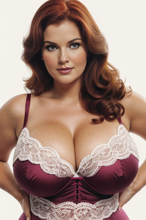 MILF, BBW, photo vintage, perfect female face, erotick, rousse, tache de rousseur, 1969, Tout de suite,  magenta , aroused, mode, TRES GROS seins gigantesques,  mineur, long cleavage, huge breasts, 40HH, vue de face, lingerie Rouge, fine detailed,( WHITE BACKGROUND)