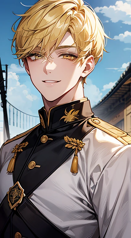 Yellow short hair, long yellow eyelashes、Handsome boy with yellow eyebrows and yellow expressive eyes, Smiling, Yellow eyes、细致背景、White military uniform