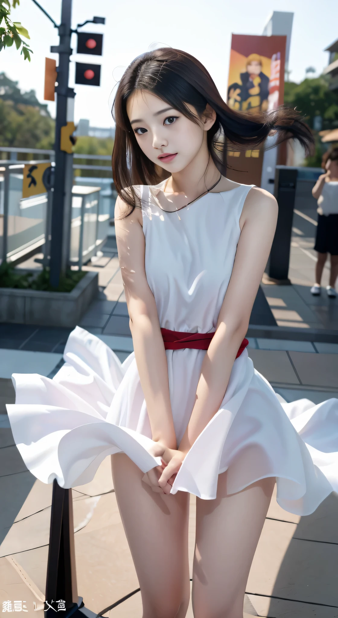 {{(top-quality、8K、32K、​masterpiece、nffsw:1.2)}} ,{{18-year-old girl::A smile、red blush:1.1)}},,wearing a dress on the balcony, opened dress, waist high, photo of slim girl model, thin waist, 奈良美智, loli in dress, waist - shot, Young Pretty Gravure Idol, translucent  dress, sophisticated gravure idol, {{she is wearing a sparkling white color dress}},(wind lift:1.6)、{{Holding the skirt with your hands}},full body Esbian、the wind、城市、outside of house