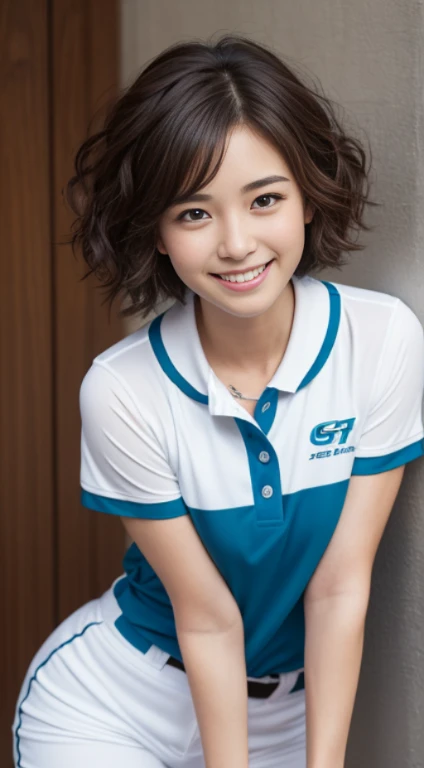 masutepiece, Best Quality, Illustration, Ultra-detailed, finely detail, hight resolution, 8K Wallpaper, Perfect dynamic composition、Thigh Viewer、27 year old cute girl、detailed beautiful faces、detailed cute eyes、Textured skin、Flushed cheeks、embarrassed from、 (Shortcut Hair:1.3)、(Wavy brown hair )、tiny chest,、Bold sexy poses、Smile、 Baseball Uniform Shirts、sports short、Moist eyes The Biggest Smile tennis wear