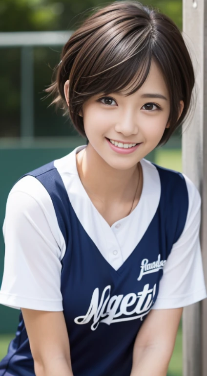 masutepiece, Best Quality, Illustration, Ultra-detailed, finely detail, hight resolution, 8K Wallpaper, Perfect dynamic composition、Thigh Viewer、27 year old cute girl、detailed beautiful faces、detailed cute eyes、Textured skin、Flushed cheeks、embarrassed from、 (Shortcut Hair:1.3)、(Wavy brown hair )、tiny chest,、Bold sexy poses、Smile、 Baseball Uniform Shirts、sports short、Moist eyes　The Biggest Smile　tennis wear