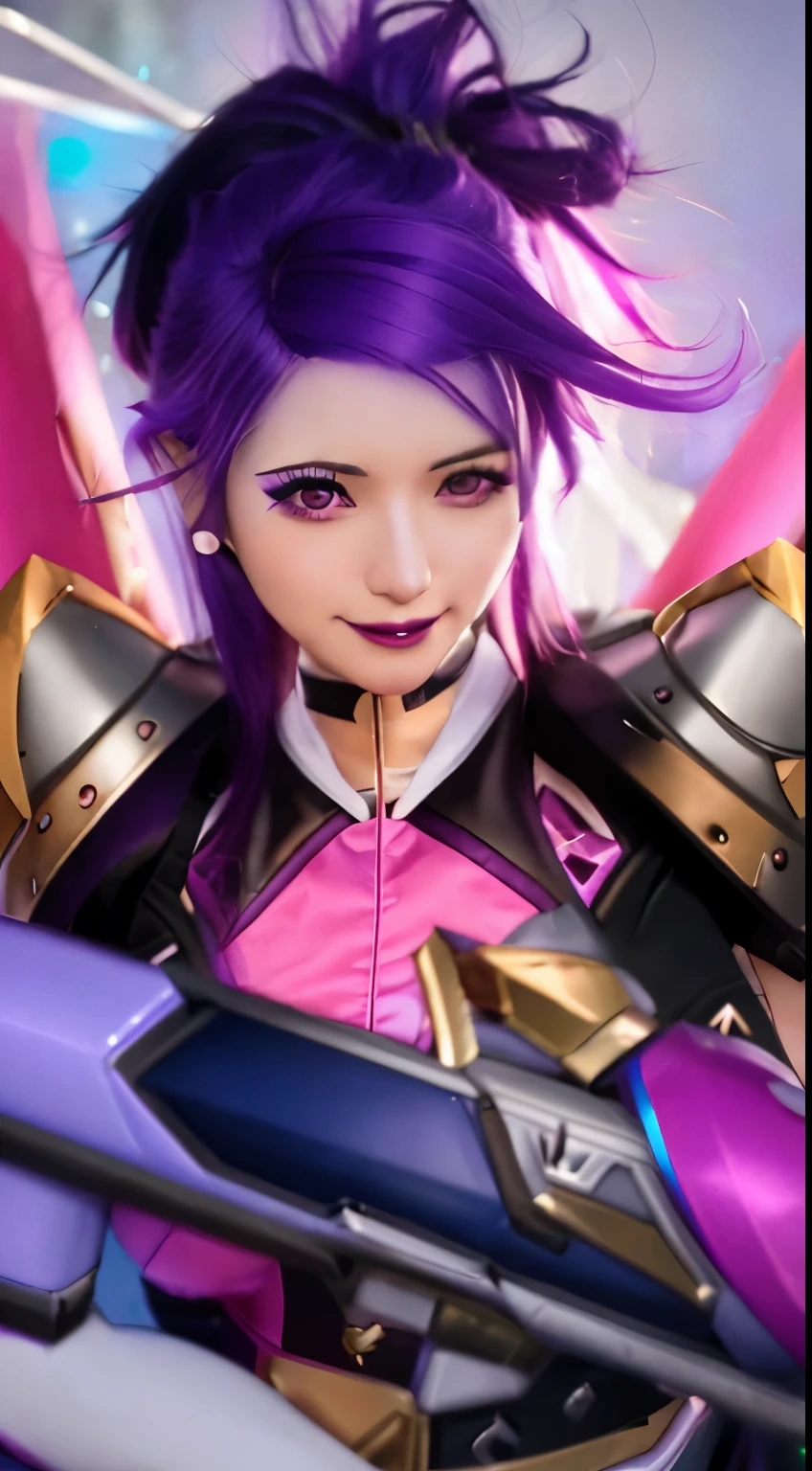 a close up of a person with a purple hair and a pink and white outfit, kda, irelia, sombra from overwatch, zenra taliyah, portrait knights of zodiac girl, vi from arcane, zarya, echo from overwatch, rossdraws cartoon vibrant, style artgerm, rossdraws 2. 0, portrait of jinx from arcane