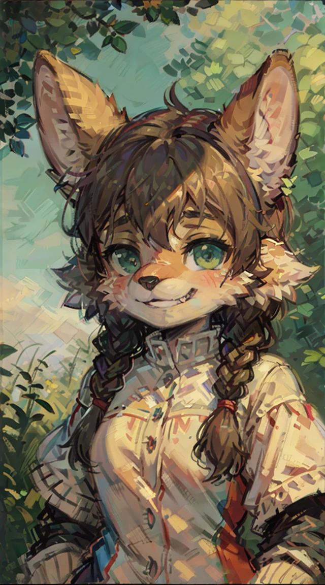 (Furry art:1.5),(furry),(furry gril),furry dog,Monet Impressionist style, green hair, long braid, sunglasses, animal ears, clenched teeth, grin, naughty, fang out,, Surrealism, Pointillism, blending, chromatic aberration abuse, film grain, anaglyph, optical , outside border, border, background,negative space, , 8k, super detail, ccurate, masterpiece, highres,Full body close-up