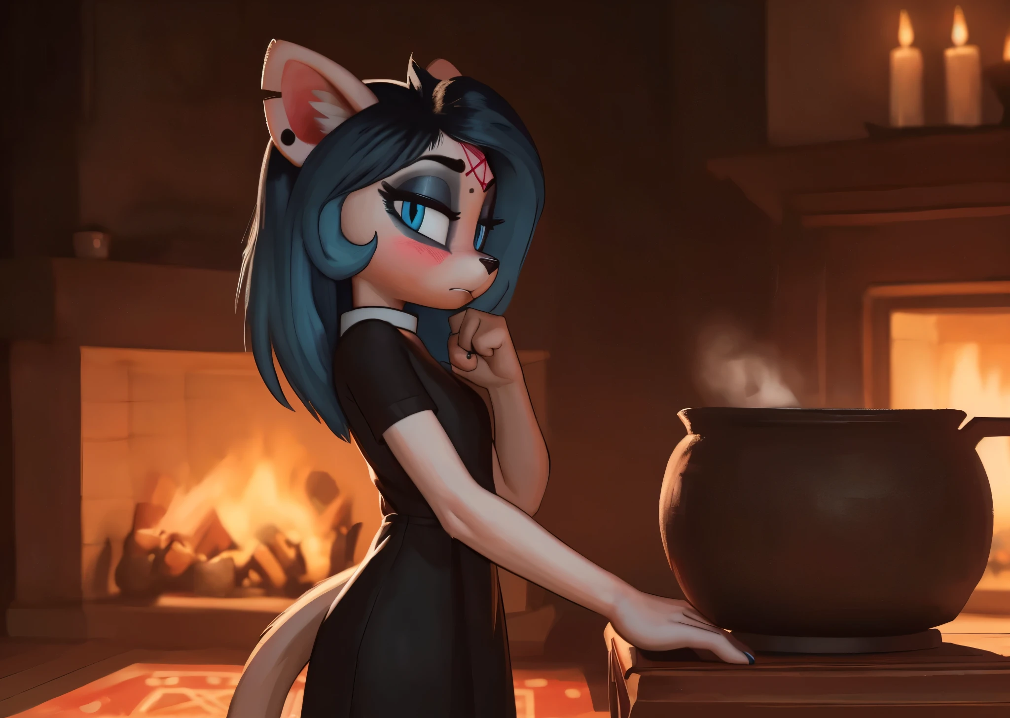 [Claire], [the summoning], [Uploaded to e621.net; (Pixelsketcher), (wamudraws)], ((masterpiece)), ((HD)), ((highres)), ((solo portrait)), ((full body)), ((side view)), ((furry; anthro)), ((detailed fur)), ((detailed soft shading)), ((beautiful render art)), {anthro; (slim figure), white fur, black nose, (cat ears), (cut on left ear), long blue hair, (bang over left eye), (pink pentagram on forehead), (cute blue eyes), (short eyelashes), (indigo eyeshadow), (curvy hips), (beautiful legs), (beautiful feet), (blushing), (expressionless)}, {(short sleeve black dress), (white collar)}, {(standing), (looking at viewer)}, [background; (living room), (mahogany floor), (cauldron), (ambient lighting)]