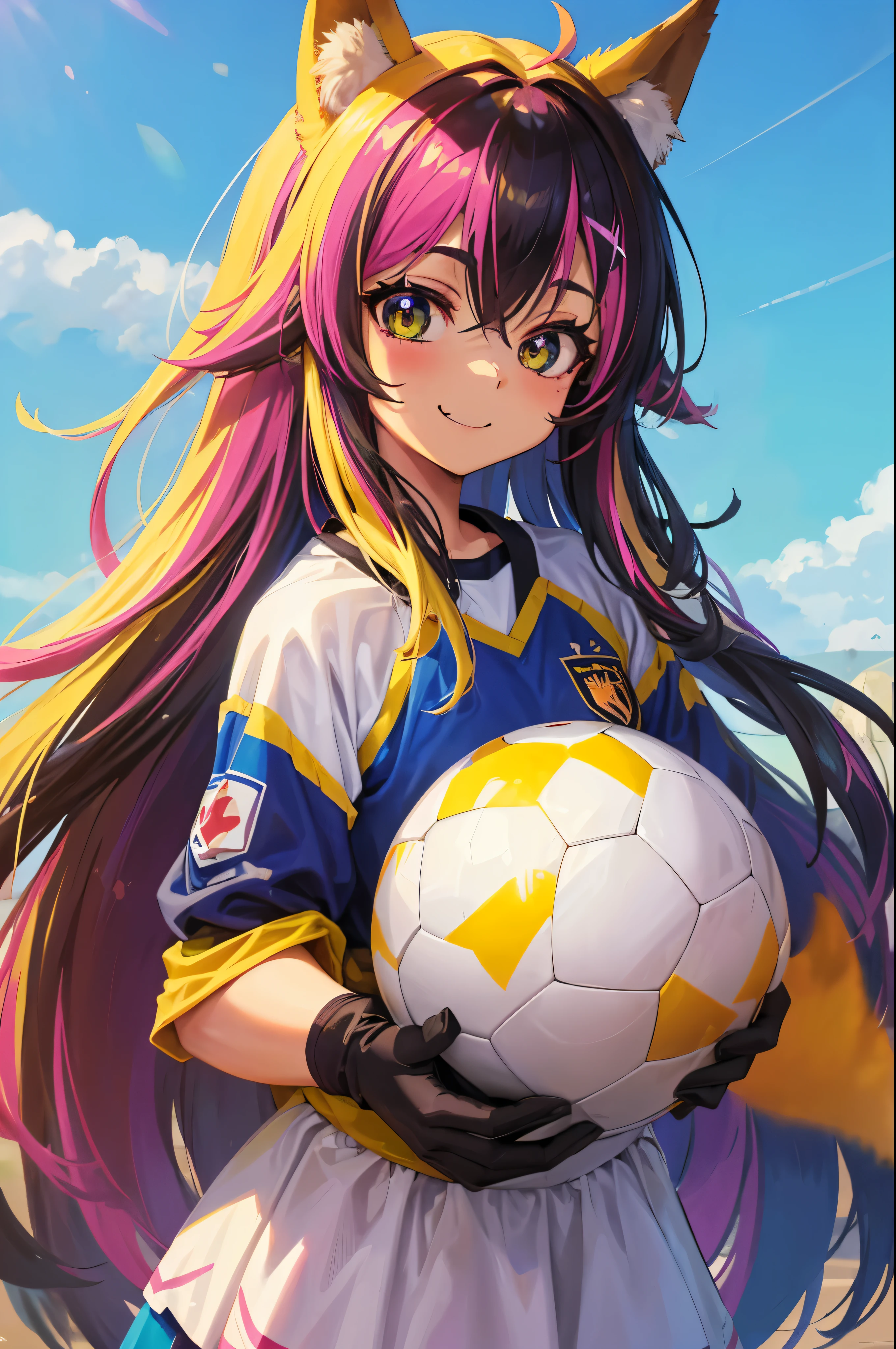 (obra-prima, melhor qualidade: 1.2), anime girl with fox ears, solo, foco feminino, sorriso, olhando para espectador, soccer uniform, campo de futebol, diamante, cabelo multicolorido, olhos multicoloridos