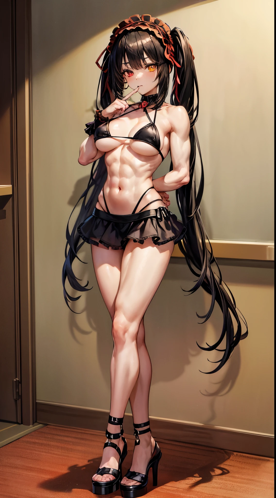 1 girl, bare shoulders, black hair, medium breasts, (muscular legs), muscular belly, wide hips, thin waist, (((clock eyes))), (wearing a very short and sexy bikini), finger to mouth, (((in the motel room))), full body, hairband, (taking self), standing, heterochromia, index finger raised, black high-heeled shoes, lolita hairband, long hair, red eyes, expression of psychopath, alone, symbol-shaped pupils, (Kurumi tokisaki), (twintails), yellow eyes