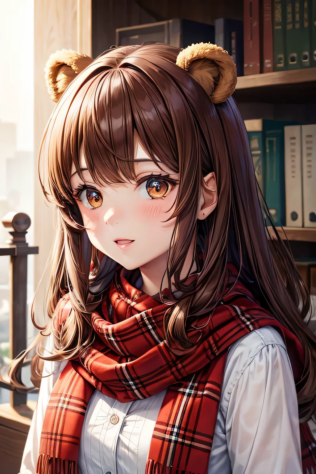 girl with bear ears, brown hair and bangs, and red scarf with tartan pattern