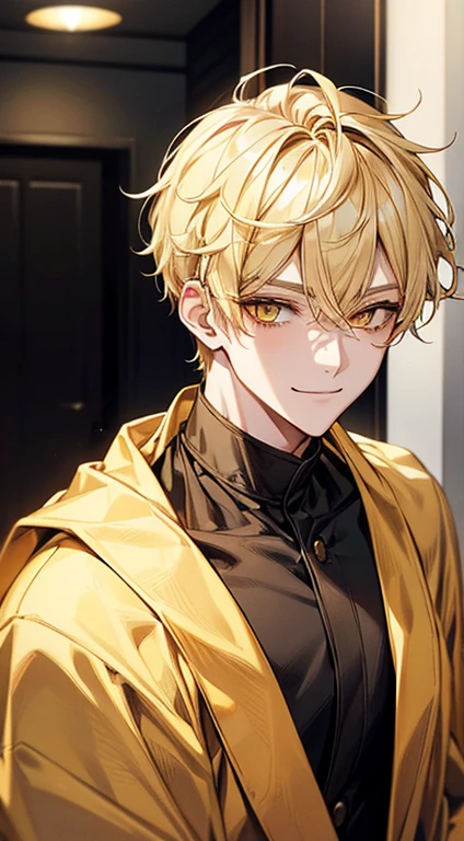 Yellow short hair, long yellow eyelashes、Handsome boy with yellow eyebrows and yellow expressive eyes, Smiling, Yellow eyes、细致背景、(Black bathrobe)
