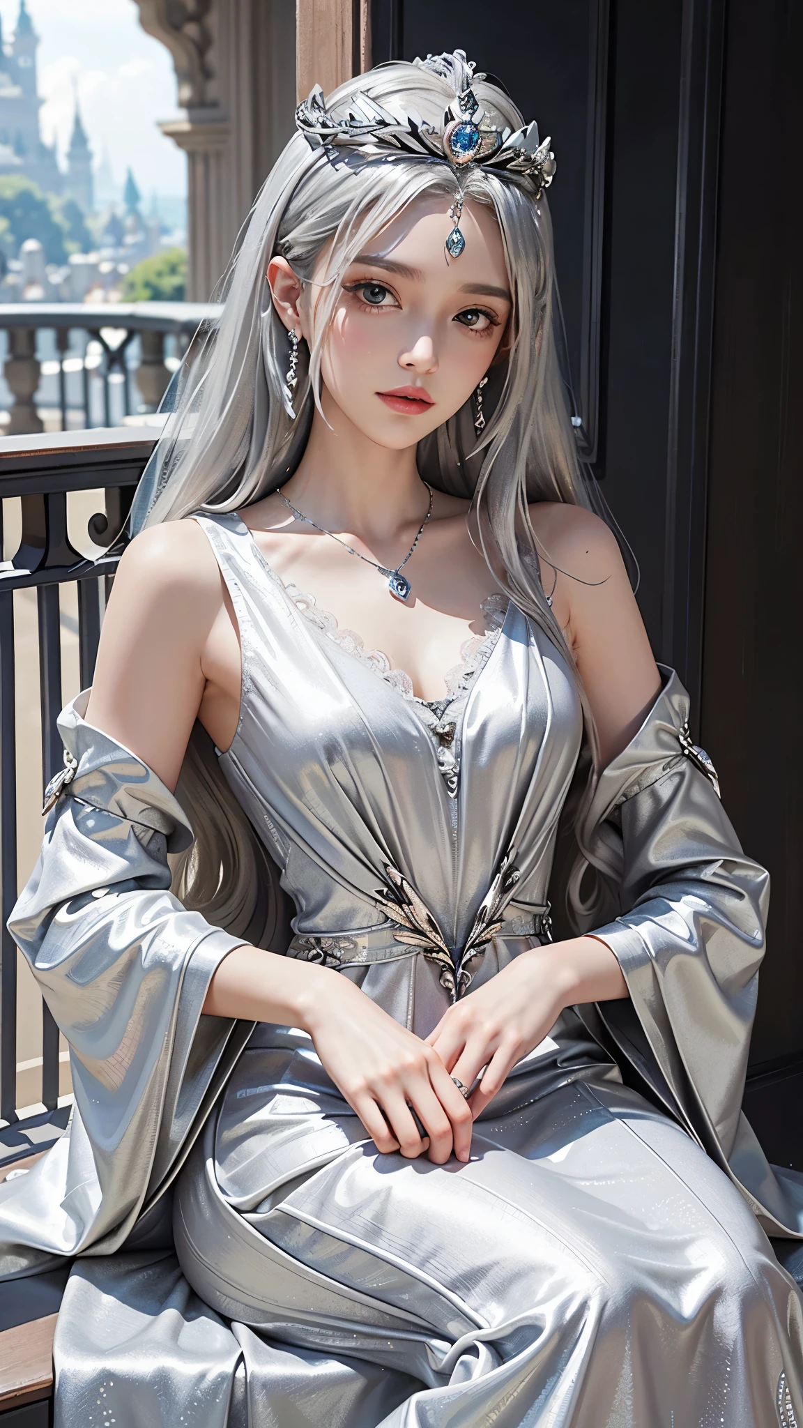 8k, masterpiece, 1 girl, beautiful face, very long hair, hair ornament, light makeup, detailed eyes, small breast, ultra detailed clothes, (silver princess dress:1.5), lace:1.5, ((closed up)), necklace, jewellery, amazing balcony background, sitting,