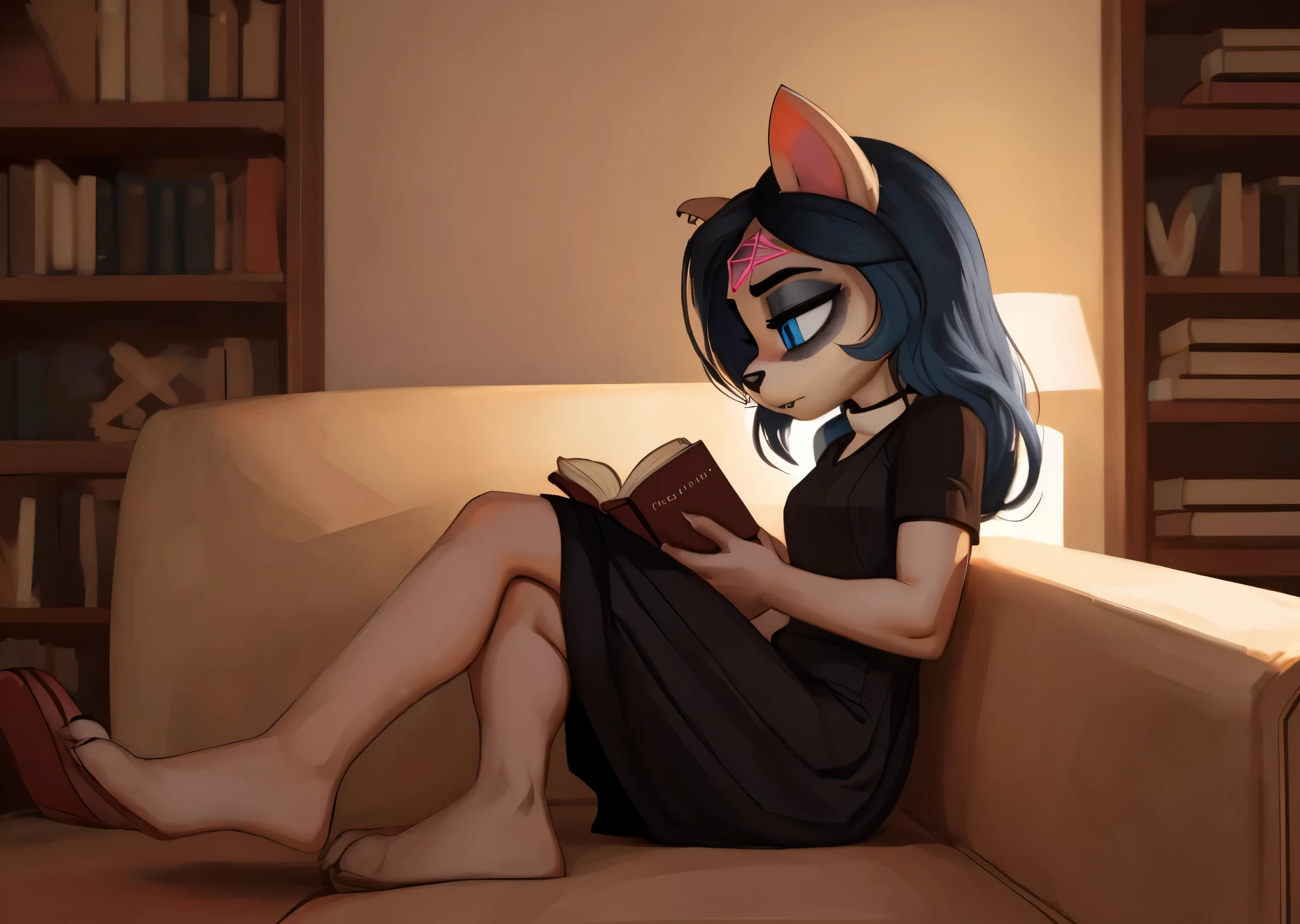 [Claire], [the summoning], [Uploaded to e621.net; (Pixelsketcher), (wamudraws)], ((masterpiece)), ((HD)), ((highres)), ((solo portrait)), ((full body)), ((side view)), ((furry; anthro)), ((detailed fur)), ((detailed soft shading)), ((beautiful render art)), {anthro; (slim figure), white fur, black nose, (cat ears), (cut on left ear), long blue hair, (bang over left eye), (pink pentagram on forehead), (cute blue eyes), (short eyelashes), (indigo eyeshadow), (curvy hips), (beautiful legs), (beautiful feet), (blushing), (expressionless)}, {(short sleeve black dress), (white collar)}, {(sitting on couch), (crossed legs), (book in hands), (reading book)}, [background; (living room), (mahogany floor), (bookshelf), (ambient lighting)]