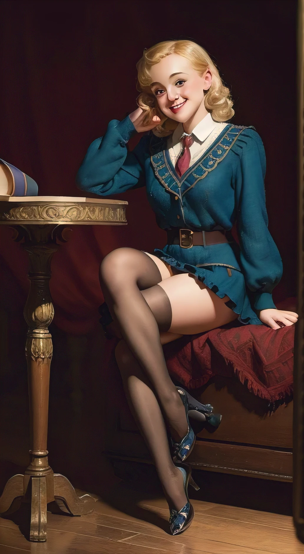 ((evanna lynch)), (masterpiece:1.4), (best quality:1.4), retro vintage pin-up style, extremely detailed, intricate, hyper-detailed, illustration, soft lighting, 20 years old girl, dirty Blonde hair, ravenclaw uniform , bend_over, grin, (perfect_face), sitting, bad, ornate, intricate, dramatic lighting, 4k, detailed_background, caustics, full_body, digital_illustration,hogwarts