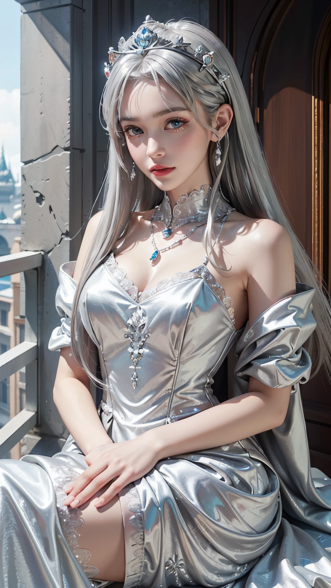 8k, masterpiece, 1 girl, beautiful face, very long hair, hair ornament, light makeup, detailed eyes, small breast, ultra detailed clothes, (silver princess dress:1.5), lace:1.5, ((closed up)), necklace, jewellery, amazing balcony background, sitting,