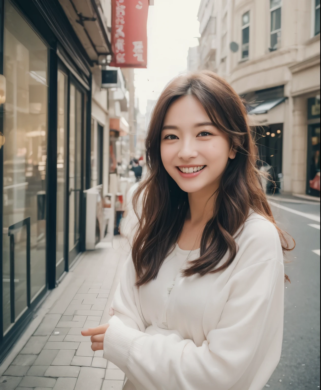 ((top-quality、in 8K、masterpiece:1.3))、1girl in、Beautiful woman with plump abs emphasized:1.3、(The long-haired、In the city、Super delicate face、wholesome、二重まぶた、A smile that showed teeth、wearing in shirt、Looking at the camera、Big smile、Look here、Look at me with your eyes wide open、Cozy feeling、Walking around the city