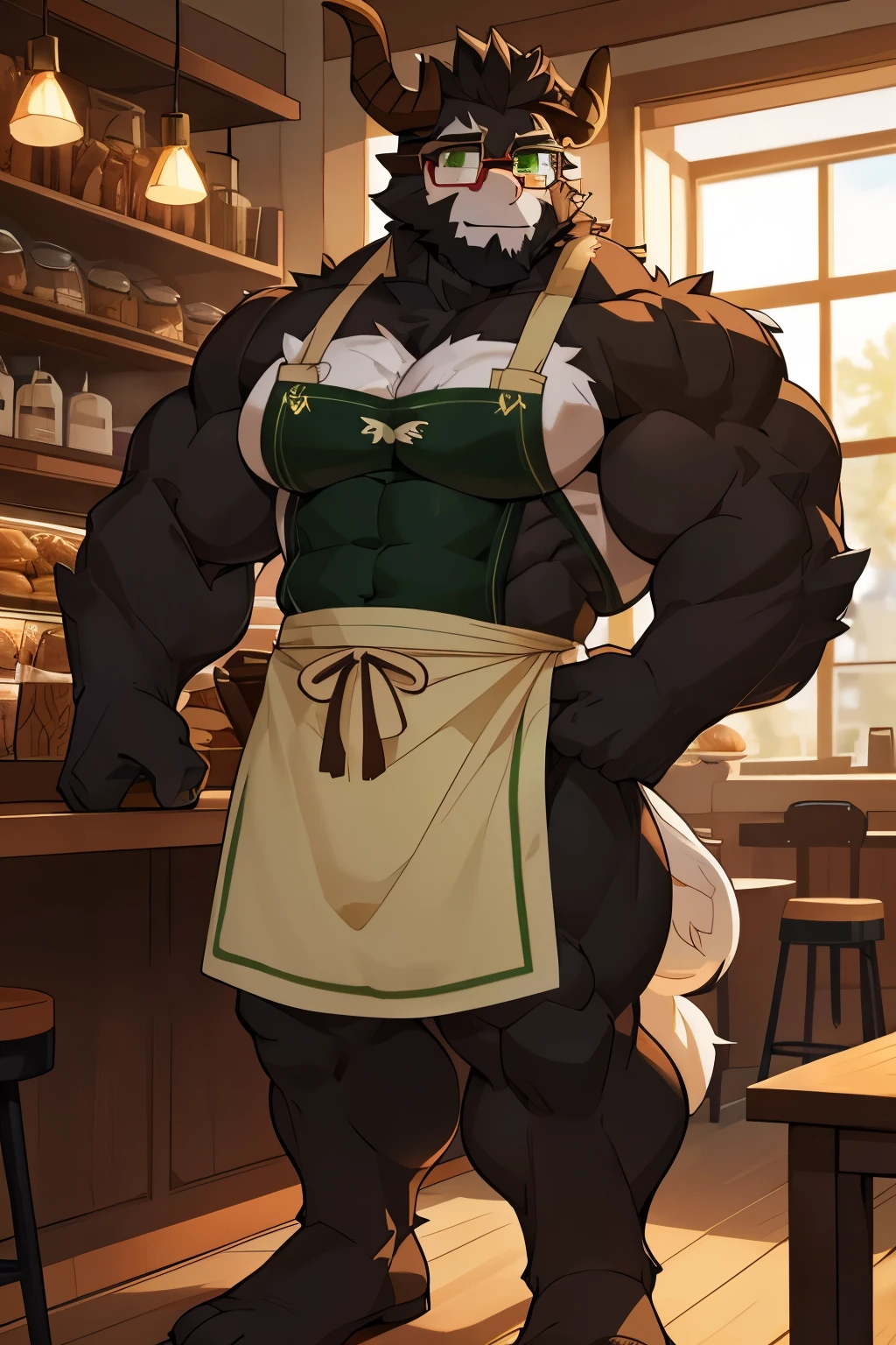 masterpiece, Anthropomorphic black dragon, There is a pair of beautiful dragon horns, Eyes with golden pupils on black background, black dragon scales, white belly,1 tail, Very muscular body, nice, Butcher, dark butcher shop,no clothes