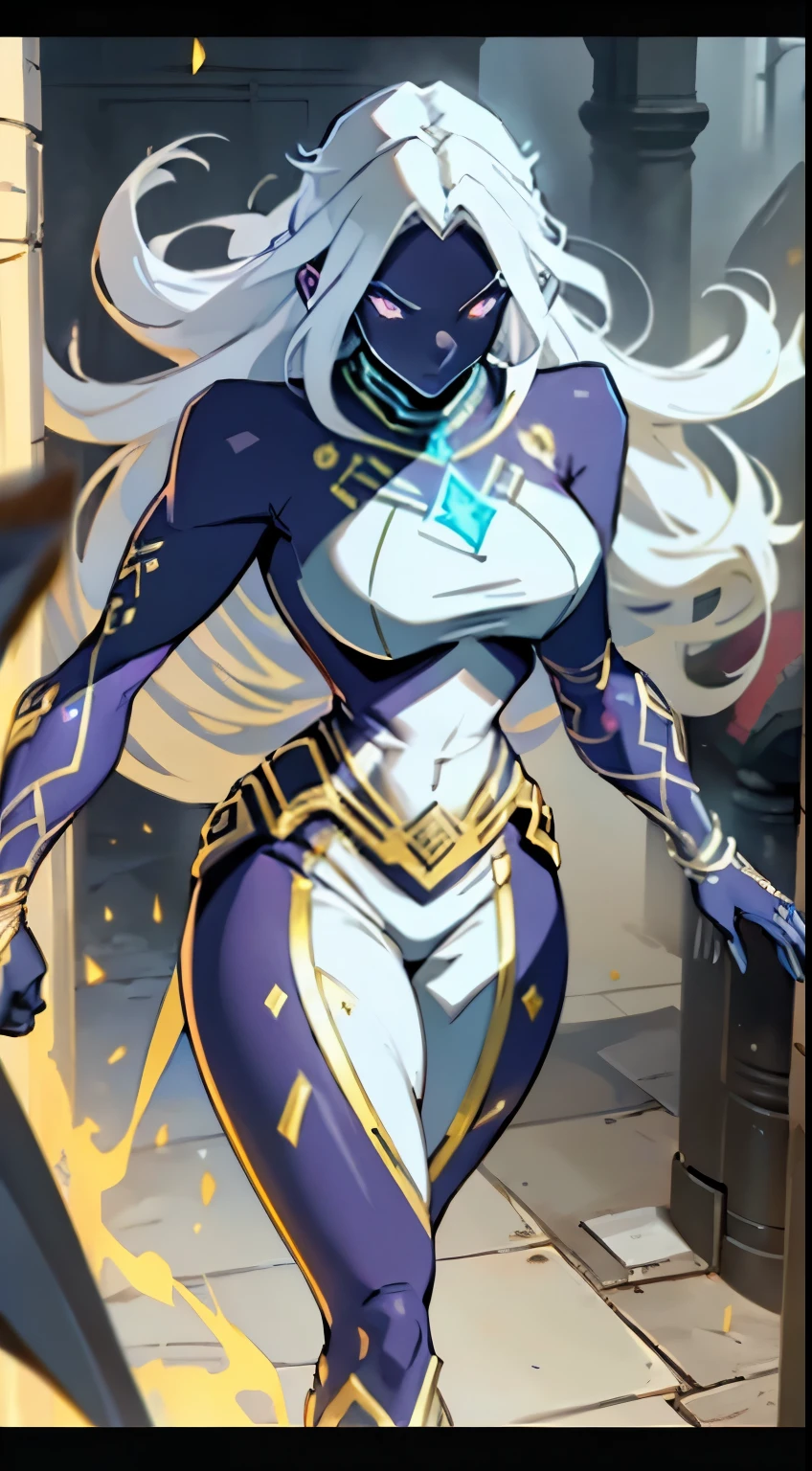 A beautiful and sexy megatrix woman with long white hair and yellow eyes who has a very sexy body wearing white Superman armor with gold details and having several runes running across her body