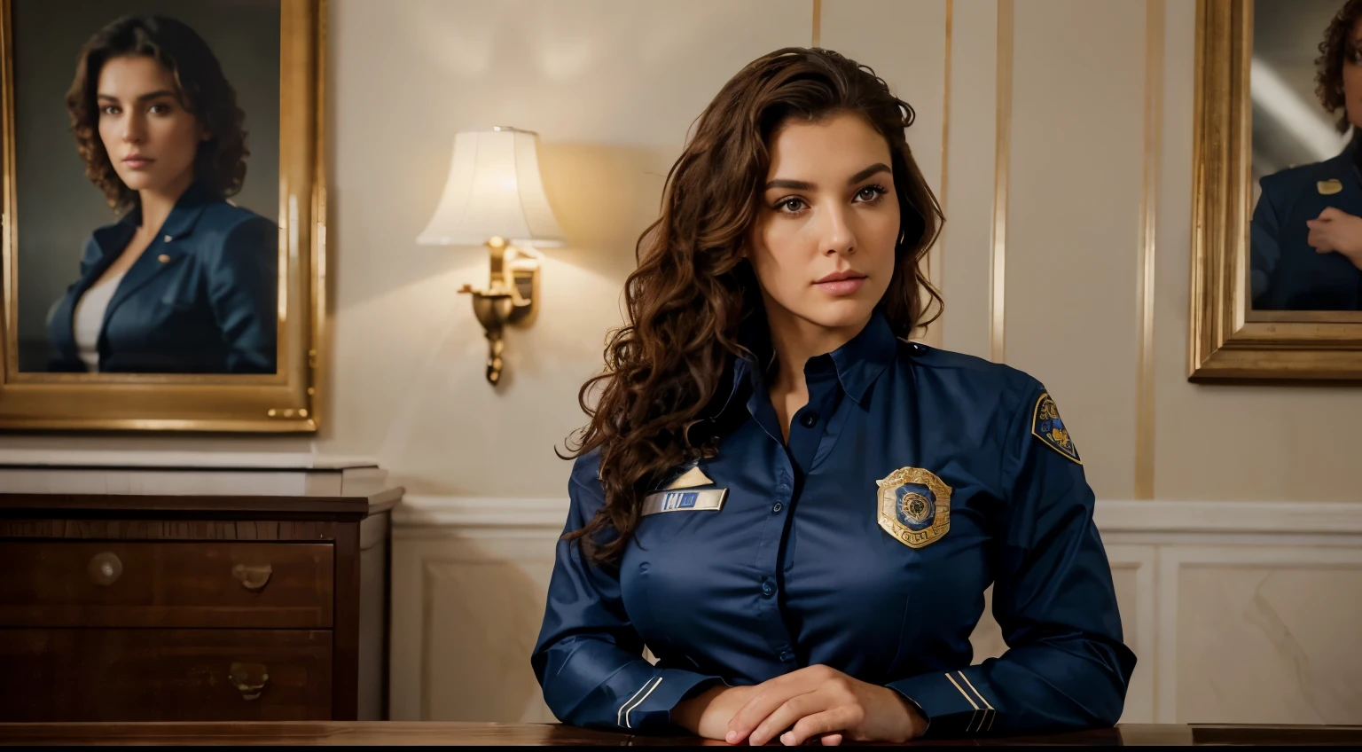 (highres,best quality,realistic),big body,beautiful police woman,beautiful police uniform,detailed face and eyes,curly hair,hand bent on table,hip facing the camera back position,luxurious lighting,crisp details,sharp focus,vivid colors,strong contrast